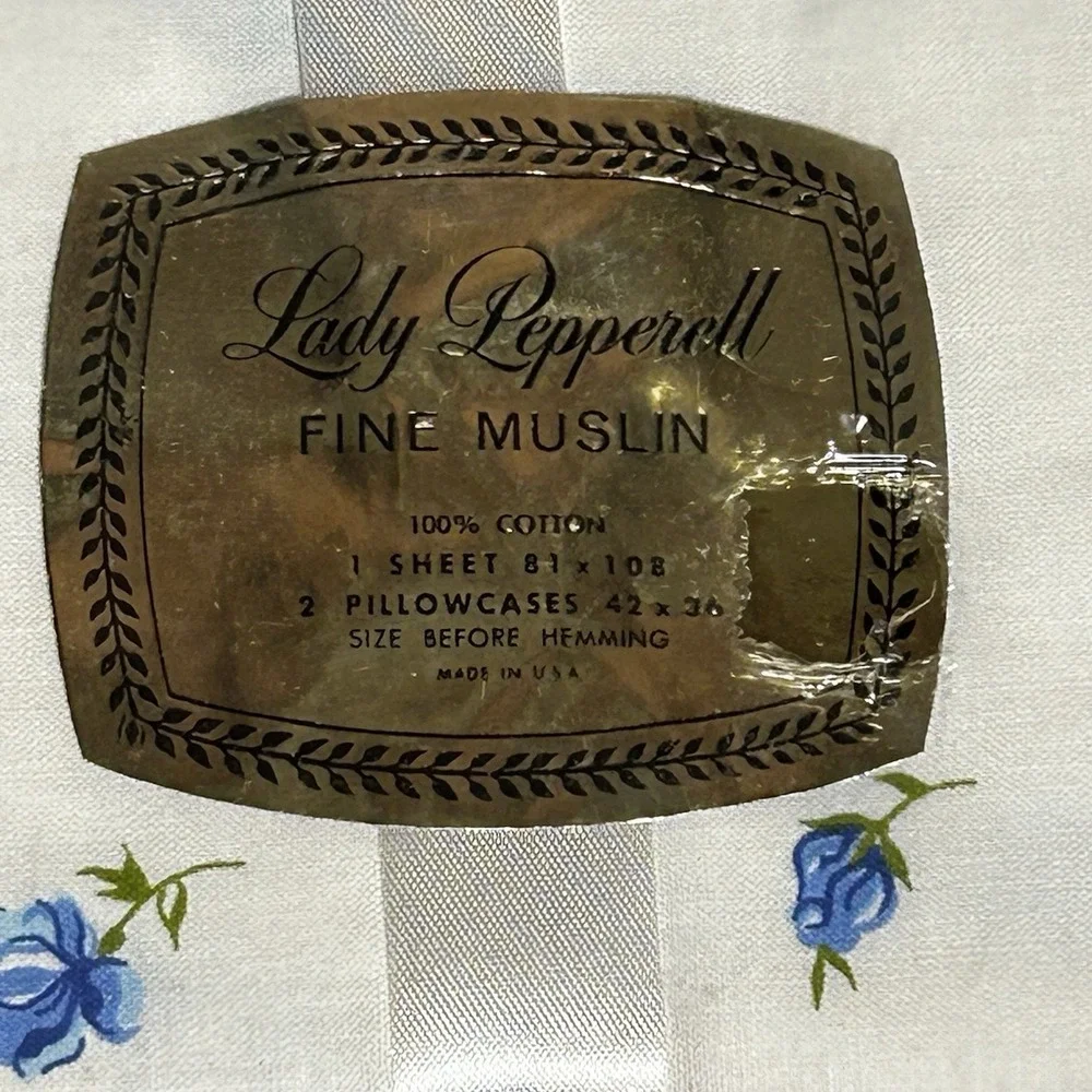 Vtg Lady Pepperell Fine Muslin Full Sheet Set Blue Floral Rose MCM 1950s NOS Box